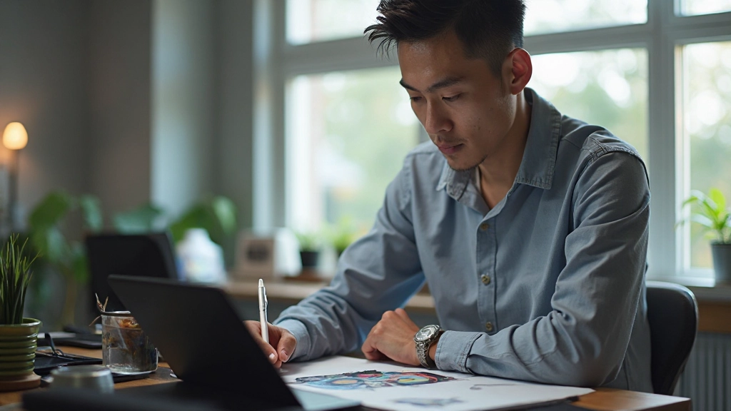 Artist reviewing digital illustrations and design concepts on tablet with stylus in creative workspace