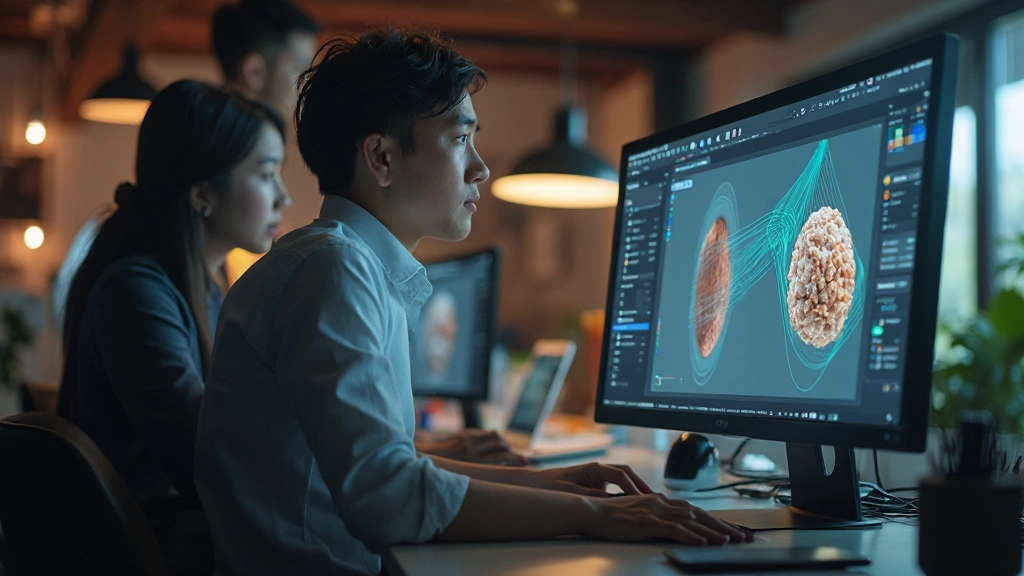 Creative professional working on 3D design project using advanced modeling software on dual-monitor setup in modern studio environment