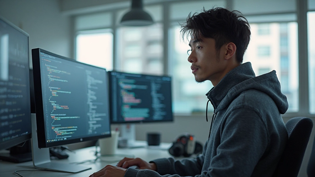 Professional developer working on code collaboration platform with multiple screens showing real-time team contributions and project timeline