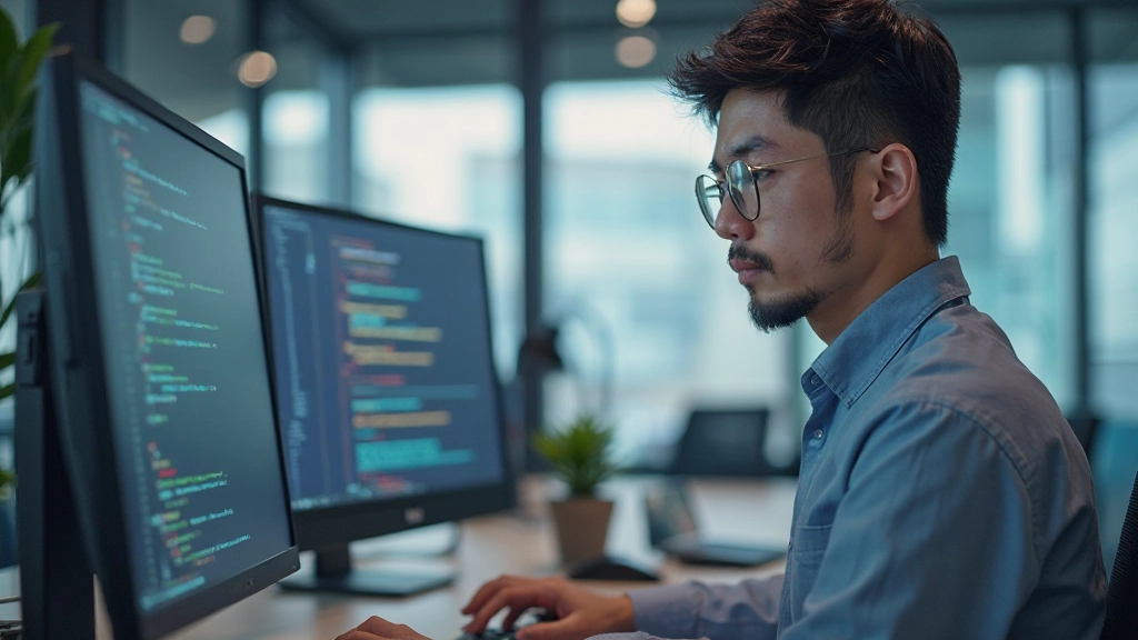 Software developer reviewing code on monitor with modern development environment and collaborative workspace setup
