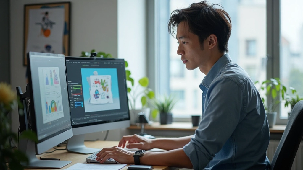 Modern digital illustration workspace with multiple monitors displaying design software and creative projects in progress